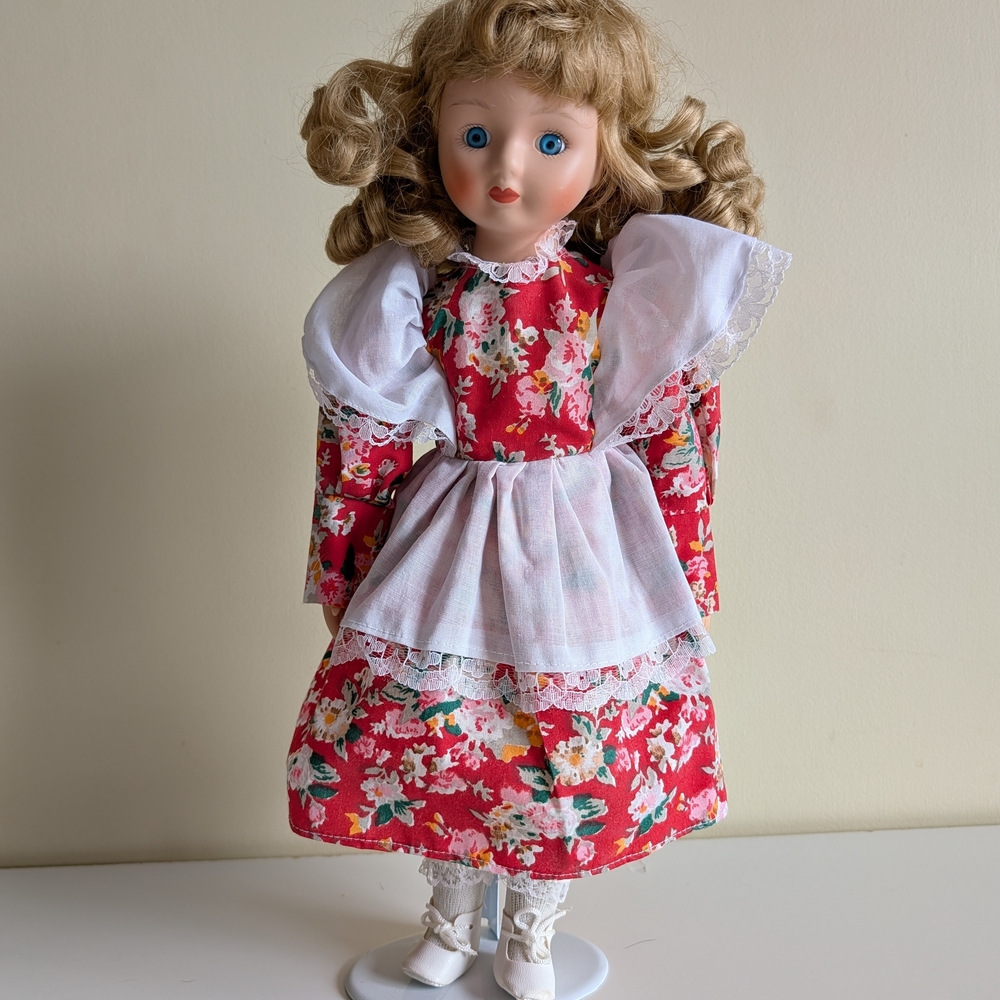 Floral Red Dress Doll with Blonde Curls
